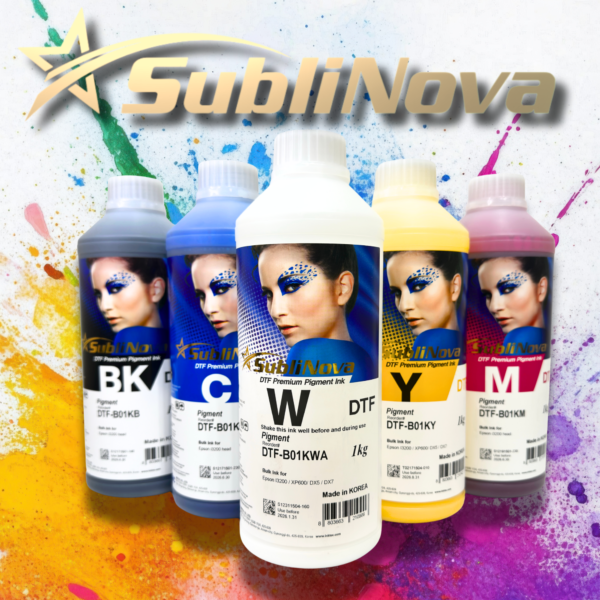 Комплект пігментного чорнила InkTec, серія: SubliNova DTF Premium Pigment Ink, 5 кольорів (Black, Cyan, Magenta, Yellow, White) – 1л